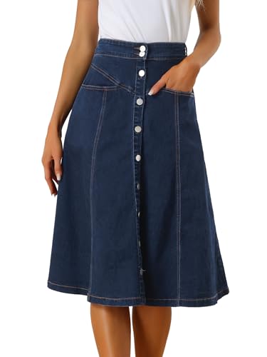 Allegra K Damen Denim Rock Dehnbar Hoher Taille Knopfleist Lang Jeansrock A-Linie Tasche Midirock Dunkel Blau XL von Allegra K
