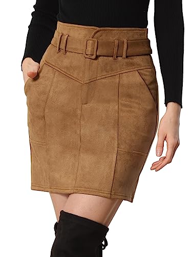 Allegra K Damen Rock Hohe Taille A-Linie Wildlederimitat Lässig Gürtel Minirock Braun L von Allegra K