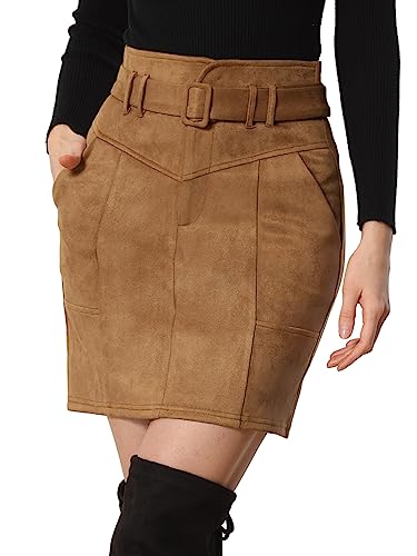 Allegra K Damen Rock Hohe Taille A-Linie Wildlederimitat Lässig Gürtel Minirock Braun M von Allegra K
