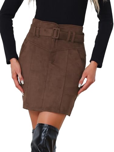 Allegra K Damen Rock Hohe Taille A-Linie Wildlederimitat Lässig Gürtel Minirock Kaffee XS von Allegra K