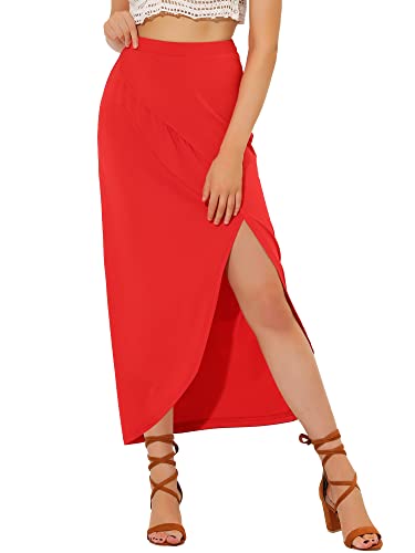 Allegra K Damen Rock Hohe Taille Geteilter Wickel Maxirock mit Schlitz Wickelrock Rot S von Allegra K
