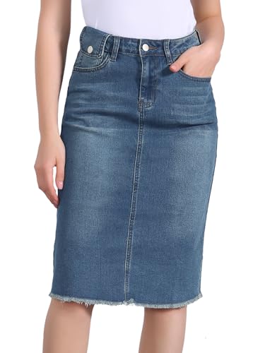 Allegra K Damen Hohe Taille Denim Rock Taschen Knielang Jeansrock Midirock Blau XXL von Allegra K