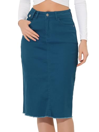 Allegra K Damen Hohe Taille Denim Rock Taschen Knielang Jeansrock Midirock Blaue M von Allegra K