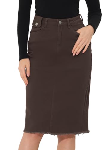 Allegra K Damen Hohe Taille Denim Rock Taschen Knielang Jeansrock Midirock Dunkelbraun XL von Allegra K