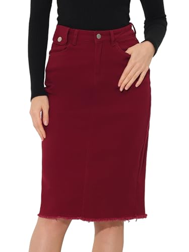 Allegra K Damen Hohe Taille Denim Rock Taschen Knielang Jeansrock Midirock Weinrot M von Allegra K
