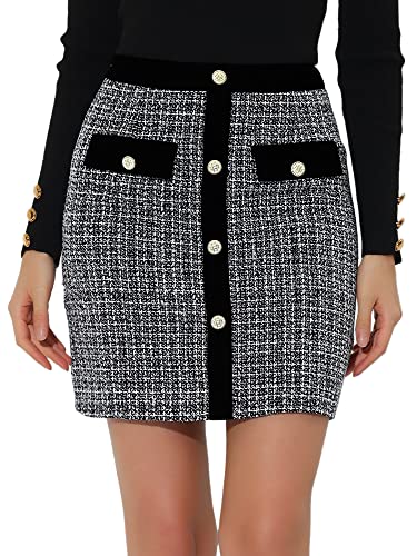 Allegra K Damen Winterrock Hoher Taille Elegant Kontrastfarbe Knopfdekor Tweed Karo Minirock Schwarz L von Allegra K