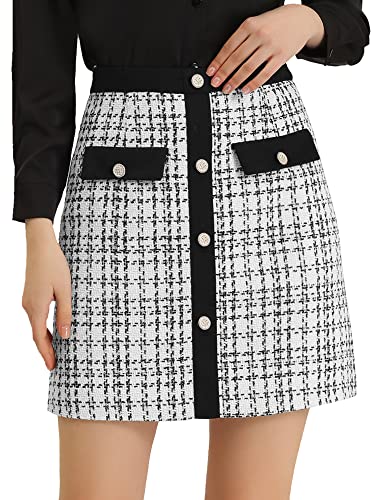 Allegra K Damen Rock Hoher Taille Elegant Kontrastfarbe Knopfdekor Tweed Karo Minirock Rock Weiß XL von Allegra K