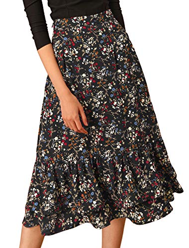 Allegra K Damen Röcke Hohe Taille Elastisch Ruffle Blumen Midirock Rock Schwarz L von Allegra K