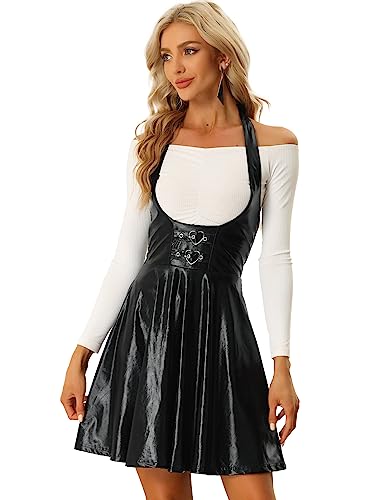 Allegra K Damen Röcke Metallic Overalls Hoher Taille Party A-Linie Hosenträgerrock Rock Schwarz M von Allegra K