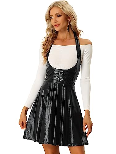 Allegra K Damen Röcke Metallic Overalls Hoher Taille Party A-Linie Hosenträgerrock Rock Schwarz S von Allegra K