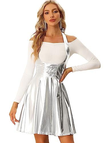 Allegra K Damen Röcke Metallic Overalls Hoher Taille Party A-Linie Hosenträgerrock Rock Silber L von Allegra K