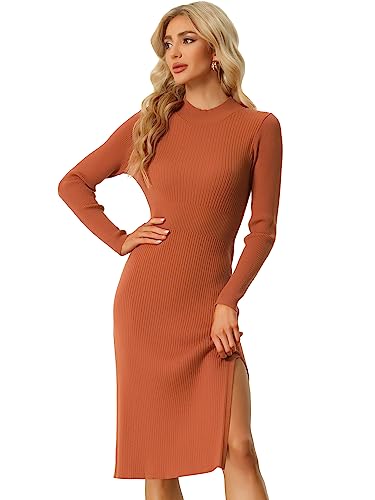 Allegra K Damen Rollkragen Pullover Langarm Schlitz Figurbetont Midi Kleid Orange M von Allegra K