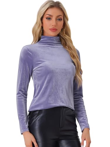 Allegra K Damen Rollkragen Samt Top Langarm Arbeitshemden Basic Velours Bluse, Blau / Violett, X-Klein von Allegra K