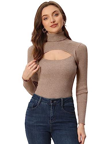 Allegra K Damen Pullover Rollkragen Strickpullover Langärmelig Aushöhlen Oberteile Khaki M von Allegra K