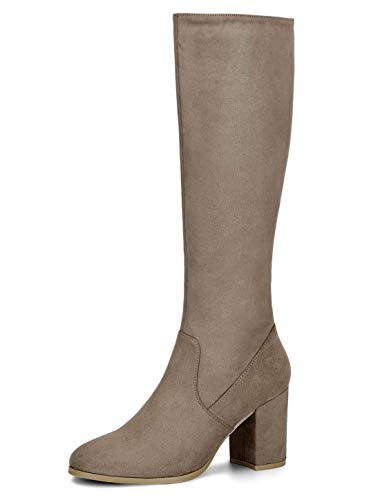 Allegra K Damen Round Toe Reißverschluss Blockabsatz Kniehohe Boots Stiefel Taupe 38 von Allegra K