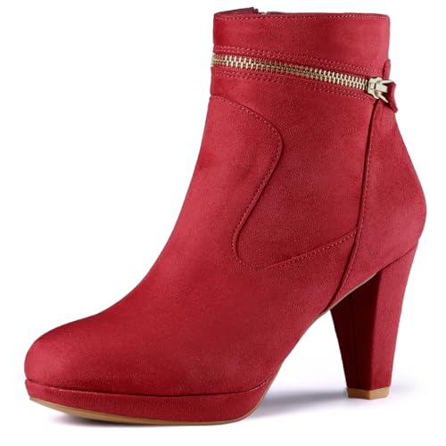 Allegra K Damen Round Toe Slip On Zip Blockabsatz Ankle Boots Stiefel Rot 38 von Allegra K