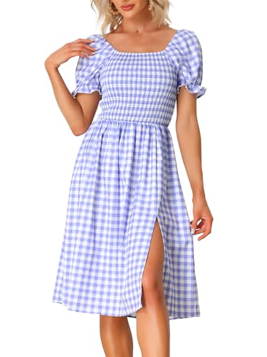 Allegra K Damen Rüschen Gingham Kleid Kariert Quadratischem Ausschnitt Kurzarm Midikleid Lila L von Allegra K