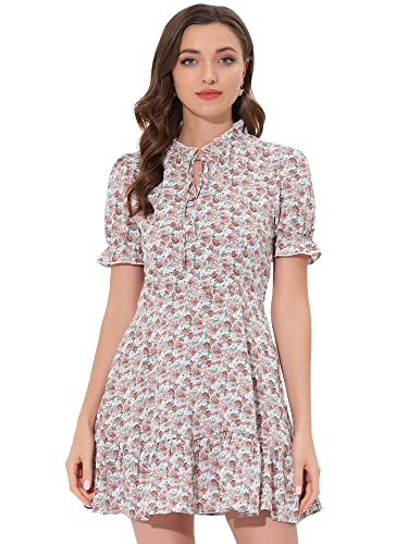 Allegra K Damen Rüschen Kleid 2023 Sommer Chiffon Krawatte Hals Puff Kurzarm Floral Smock Kleid, Pink, X-Klein von Allegra K