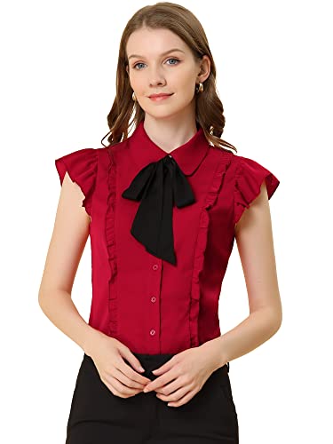 Allegra K Damen Ärmellos Top Bubikragen Krawatte Rüschen Fliege Knopfleiste Chiffon Shirt Bluse mit Schleife am Kragen Rot S von Allegra K