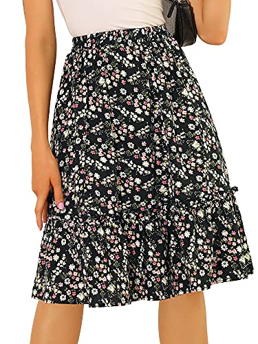 Allegra K Damen Blumen Rüschen Sommerrock Faltenrock A-Linie Hohe Taille Knielang Midirock Schwarz S von Allegra K