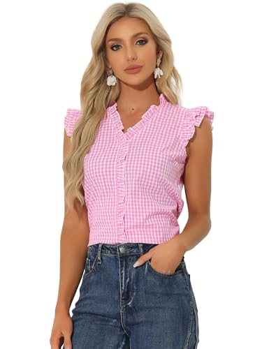 Allegra K Damen Rüschenhemd Bluse mit Knopfleiste und Flügelärmeln, Kariertes Gingham-Muster Rosa XS Allegra K Damen Rüschenhemd Bluse mit Knopfleiste und Flügelärmeln, Kariertes Gingham-Muster Rosa XS von Allegra K
