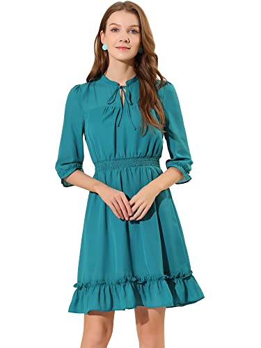 Allegra K Damen Kleid 3/4 Ärmel A-Line Rüschensaum Schleife Gesmoktes Chiffon Minikleid Grüner See L von Allegra K