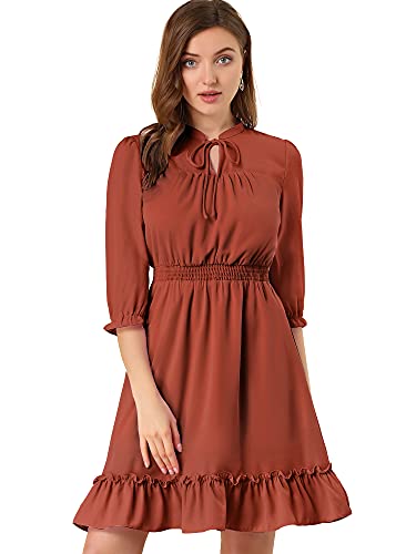 Allegra K Damen Kleid 3/4 Ärmel A-Line Rüschensaum Schleife Gesmoktes Chiffon Minikleid Karamell L von Allegra K