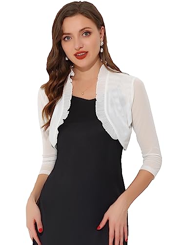 Allegra K Damen Bolero 3/4-Ärmel Rüschen Shrug Durchsichtig Mesh Crop Boleros Cardigan Weiß XS von Allegra K