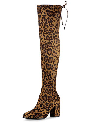 Allegra K Overknee-Stiefel für Damen mit runder Zehenpartie und klobigem Absatz Leopard 41 von Allegra K