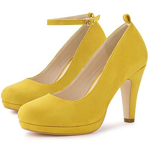 Allegra K Damen Runde Zehe Pfennigabsatz Knöchelriemen Pumps, gelb, 40 EU von Allegra K