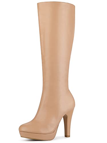 Allegra K Damen Runde Zehenpartie Kniehohe Chunky Heels Plateaustiefel, nude, 38 EU von Allegra K