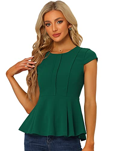 Allegra K Damen Rundhals Bluse Einfarbig Flügelhülse Schößchen Elegant Arbeit Oberteil Shirt Grün XL von Allegra K