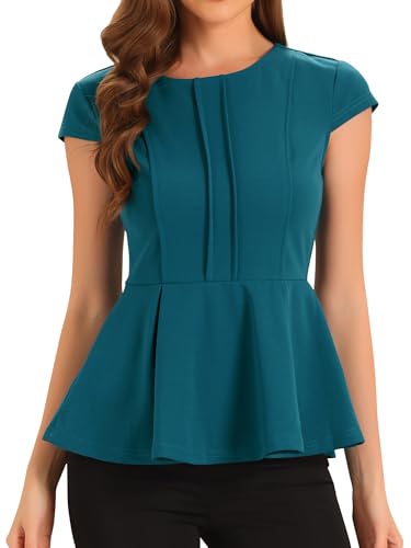 Allegra K Damen Rundhals Bluse Einfarbig Flügelhülse Schößchen Elegant Arbeit Oberteil Shirt Pfauenblau L von Allegra K