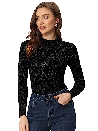 Allegra K Damen Rundhals Glitzer Ribbed Knit Oberteil Langarm Gerippte Strick Pullover Schwarz L von Allegra K