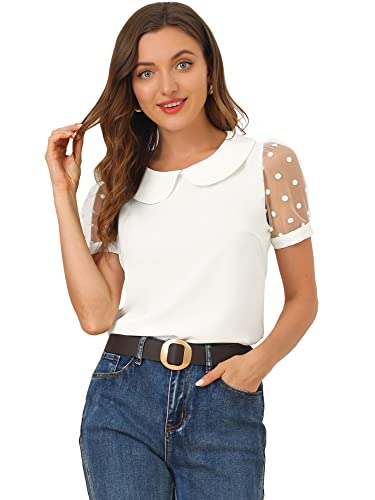 Allegra K Damen Puffärmel Vintage Bubikragen Oberteil Mesh Polka Punkte Top Bluse Weiß S von Allegra K