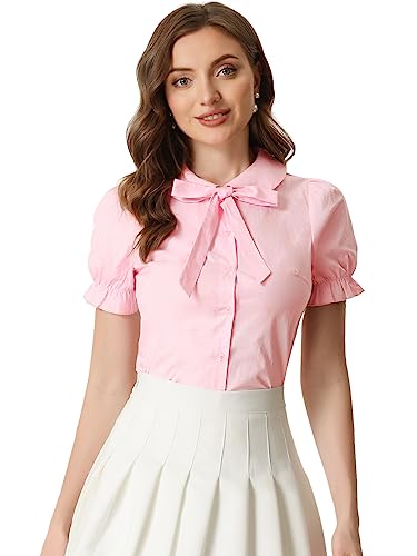 Allegra K Damen Rundhalsausschnitt Bubikragen Puffärmel Kurzarm Top Bluse Rosa L von Allegra K