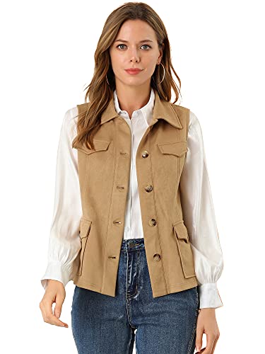 Allegra K Damen Rustikale ärmellose Jacke Knopfleiste Faux Wildleder Utility Anorak Cargo Weste, khaki, X-Large von Allegra K