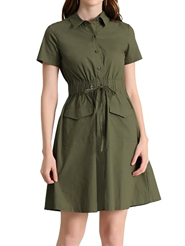 Allegra K Damen Safari Kleider Baumwolle Button Down Kragen Hemdkleid, Grau / Grün, Klein von Allegra K