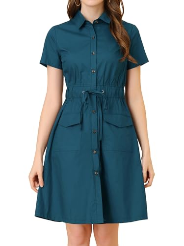 Allegra K Damen Safari Kleider Baumwolle Button Down Kragen Hemdkleid, Marineblau, Groß von Allegra K