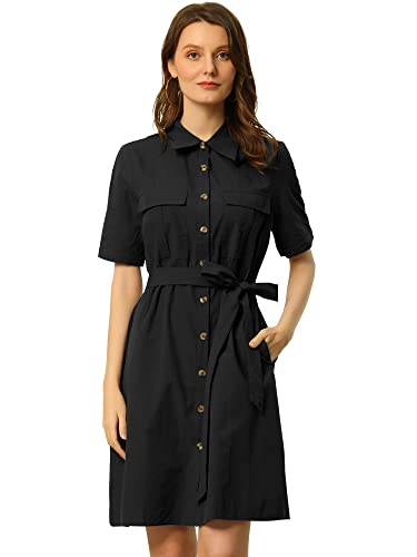 Allegra K Damen Safari Kleider Sommer Baumwolle Kurzarm Gürtel Button Down Hemdkleid, Schwarz , 42 von Allegra K