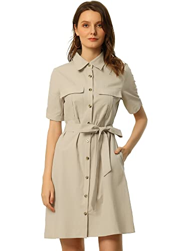 Allegra K Damen Safari-Kleid, Sommer, Baumwolle, kurzärmelig, mit Gürtel, Button-Down-Shirtkleid, beige, L von Allegra K