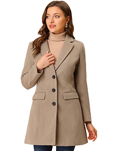 Allegra K Wintermantel für Damen mit gekerbtem Revers, einreihig geknöpft, Dunkles Beige, M von Allegra K