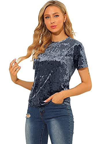 Allegra K Damen Samt T-Shirt Party Velvet Shirt Kurzarm Rundhals Elegant Samt Bluse Oberteil Grau Blau XS von Allegra K