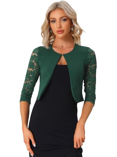 Allegra K Damen Festlich Spitze Bolero 3/4 Ärmel Rundhals Durchsichtig Shrug Elegant Jäckchen Dunkelgrün M von Allegra K