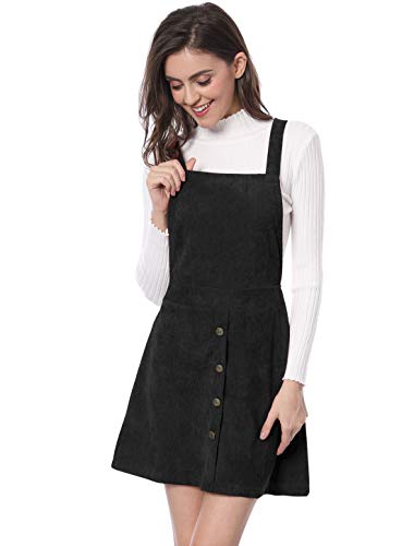 Allegra K Damen Latzkleider A Linie Knopfdekor Reißverschluss Hosenträger Cord Latzkleid Kleid Schwarz XL von Allegra K