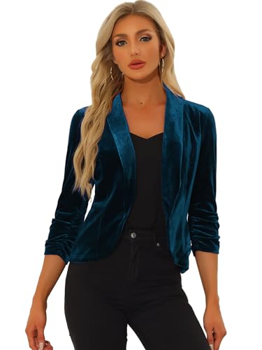 Allegra K Damen Samt Blazer Langarm Reverskragen Vorne Offen Velvet Jacke Pfauenblau XL von Allegra K