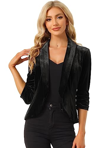 Allegra K Damen Samt Blazer Langarm Reverskragen Vorne Offen Velvet Jacke Schwarz XS von Allegra K