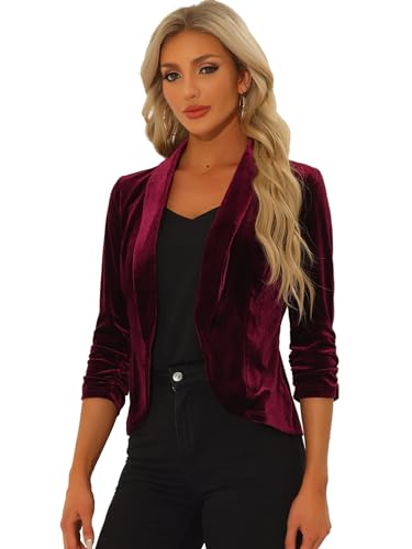 Allegra K Damen Samt Blazer Langarm Reverskragen Vorne Offen Velvet Jacke Weinrot L von Allegra K