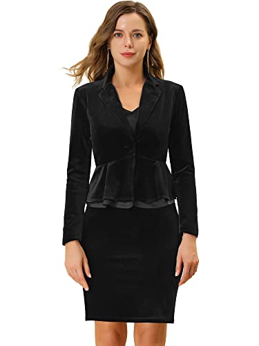 Allegra K Damen Samt Blazer mit Schößchen Hoher Taille Midi Bleistiftrock Arbeitsanzug Set Schwarz XS von Allegra K