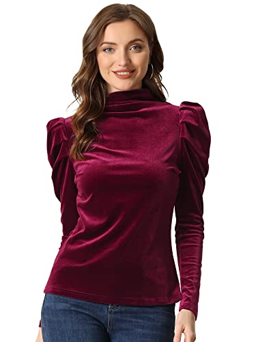 Allegra K Damen Samt Bluse, Langarm Puffärmel Pullover, Festlich Velours Oberteil Burgund L von Allegra K